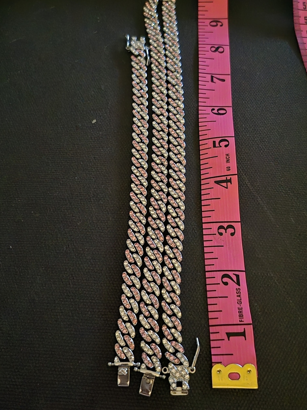 Rhinestone Cuban Link Bracelet Pair - Silver with Pink Accents